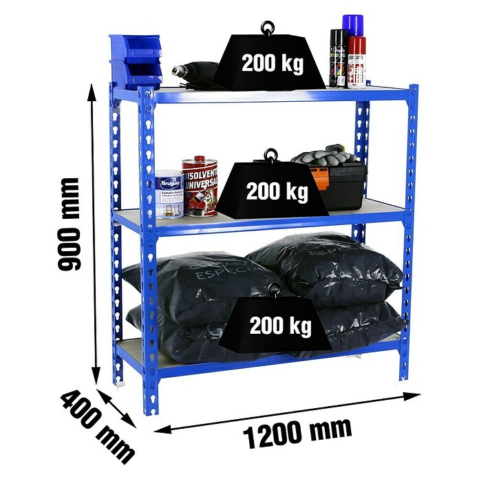 Simonrack Maderclick Estantería metálica Megaplus (Al x An x Pr: 90 x 120 x 40 cm, Capacidad de carga por balda: 200 kg, Número de baldas: 3 ud., Inserción, Azul/Madera) | BAUHAUS