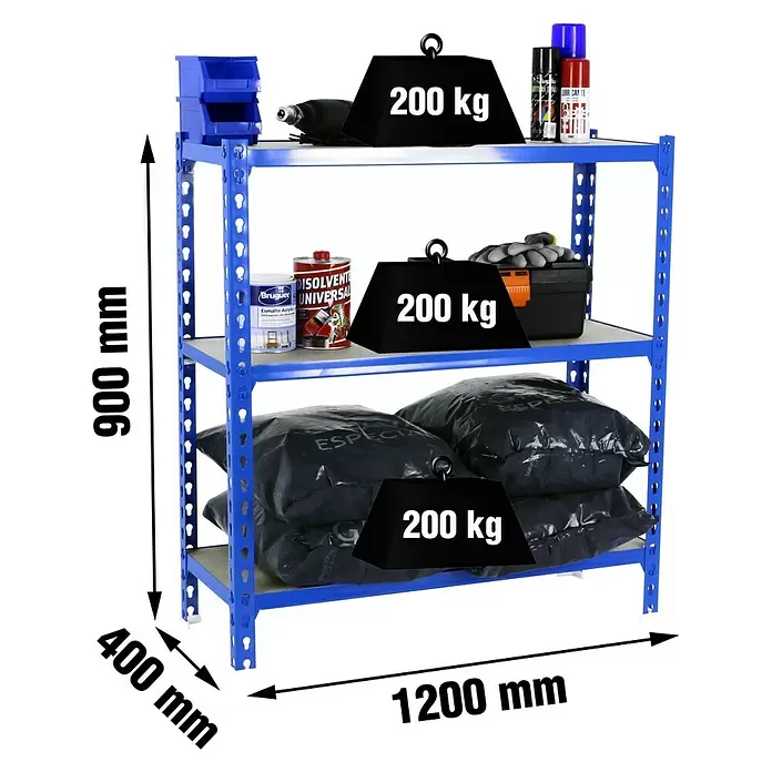 Simonrack Maderclick Estantería metálica Megaplus - Al x An x Pr: 90 x 120 x 40 cm, Capacidad de carga por balda: 200 kg, Número de baldas: 3 ud., Inserción, Azul/Madera - Estantería metálica azul con 3 baldas (900x1200x400mm), cada una con capacidad para 200 kg.
