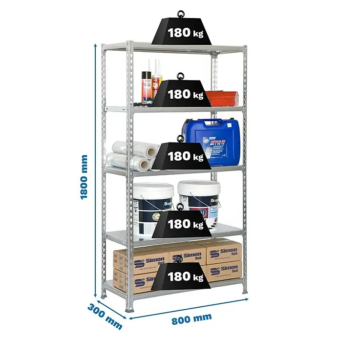 Simonrack Simonclick Metallregal Simonclick Mini - H x B x T: 180 x 80 x 30 cm, Traglast pro Boden: 180 kg, Anzahl Böden: 5 Stk., Stecken, Grau/Grau - Abbildung eines Schwerlastregals mit fünf Böden, beladen mit verschiedenen Gegenständen und Gewichtsangaben.