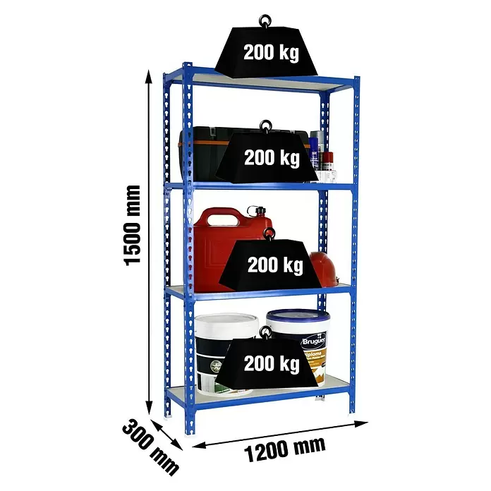 Simonrack Maderclick Estantería metálica Megaplus - Al x An x Pr: 150 x 120 x 30 cm, Capacidad de carga por balda: 200 kg, Número de baldas: 4 ud., Inserción, Azul - Estantería metálica azul, 1500x1200x300mm, con 4 baldas, cada una soporta 200 kg.