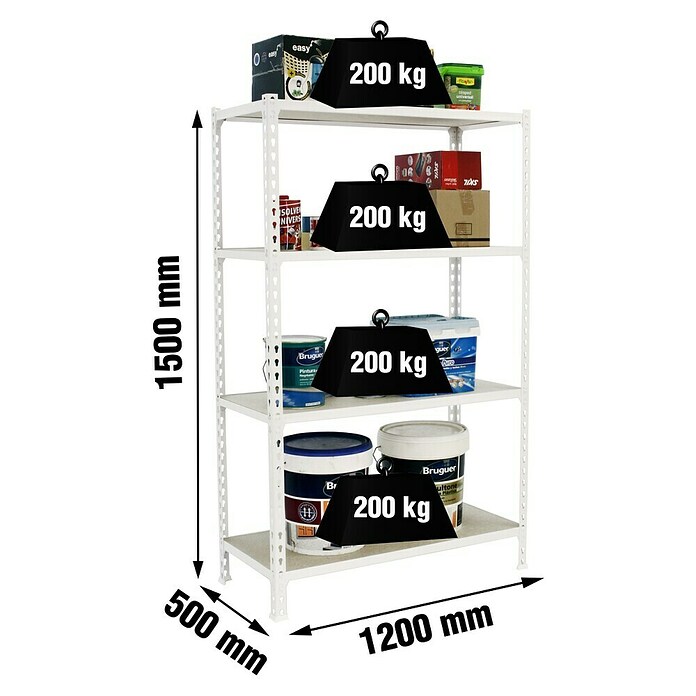 Simonrack Maderclick Metallregal Maderclick MegaPlus (H x B x T: 150 x 120 x 50 cm, Traglast pro Boden: 200 kg, Anzahl Böden: 4 Stk., Stecken, Weiß) | BAUHAUS