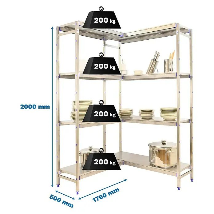 Simonrack Simoninox Abschlussregal - H x B x T: 200 x 176 x 50 cm, Traglast pro Boden: 200 kg, Anzahl Böden: 4 Stk., Stecken, Material Boden: Metall - Abbildung eines Eckregals aus Edelstahl mit vier Ebenen und Gewichtsangaben zur Veranschaulichung der Tragfähigkeit.