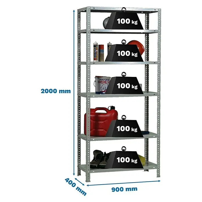Simonrack Simonclassic Metallregal Comfort - H x B x T: 200 x 90 x 40 cm, Traglast pro Boden: 100 kg, Anzahl Böden: 6 Stk., Schrauben, Silber - Das Bild zeigt ein graues Metallregal mit fünf Regalböden, die jeweils mit verschiedenen Gegenständen und einem schwarzen Gewicht von 100 kg beladen sind.