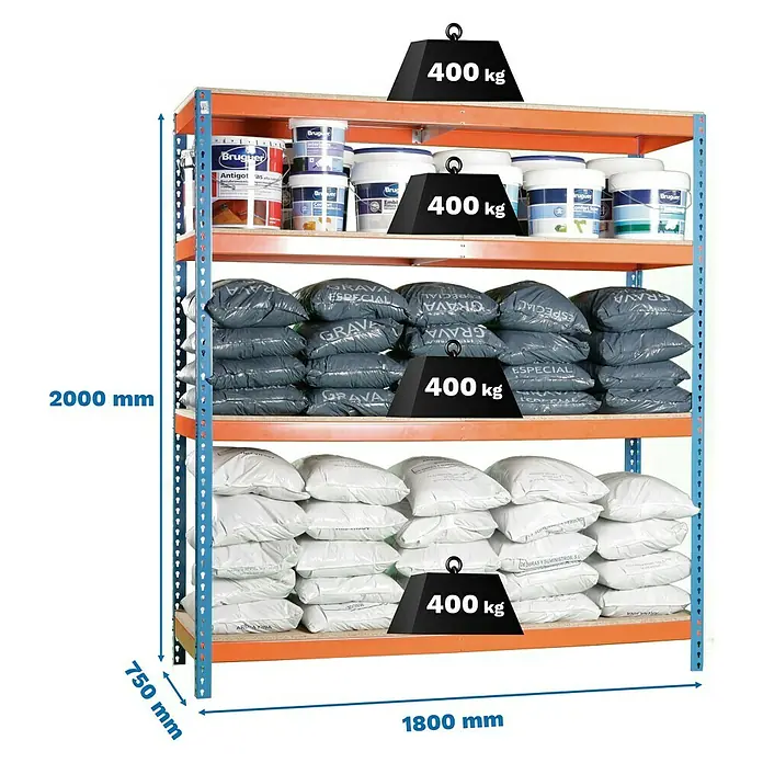 Simonrack Ecoforte Schwerlastregal Chipboard - H x B x T: 200 x 180 x 75 cm, Traglast pro Boden: 400 kg, Anzahl Böden: 4 Stk., Stecken, Blau/Orange - Aufnahme eines Regals voller verschiedener Produkte, darunter Farbeimer und Säcke, gekennzeichnet mit Gewichten zur Darstellung der Last.