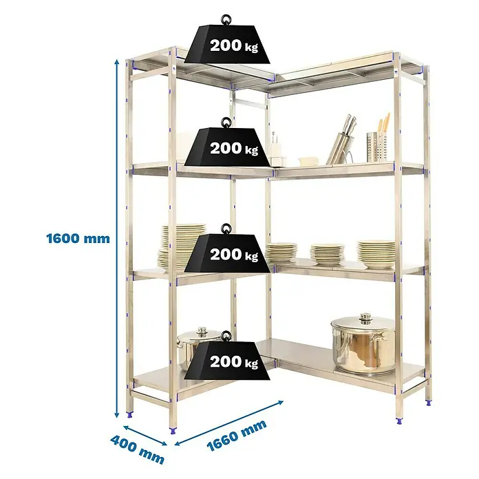 Simonrack Simoninox Abschlussregal - H x B x T: 160 x 166 x 40 cm, Traglast pro Boden: 200 kg, Anzahl Böden: 4 Stk., Stecken, Material Boden: Metall - Edelstahl-Eckregal mit vier Ebenen, belastbar bis 200 kg pro Ebene. Ideal für Gastronomie oder Küche mit begrenztem Platz.