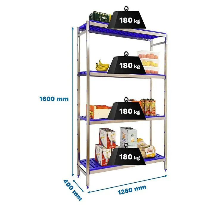 Simonrack Simoninox Metallregal Grundelement - H x B x T: 160 x 126 x 40 cm, Traglast pro Boden: 180 kg, Anzahl Böden: 4 Stk., Stecken, Material Boden: Kunststoff - Aufnahme eines blauen Regals mit vier Ebenen, beladen mit verschiedenen Artikeln und mit Gewichtsangaben versehen.