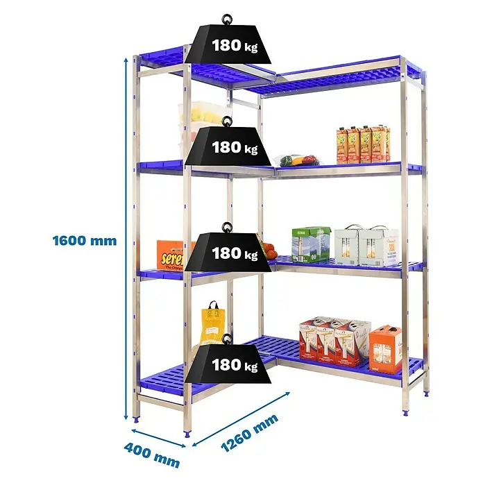 Simonrack Simoninox Abschlussregal - H x B x T: 160 x 126 x 40 cm, Traglast pro Boden: 180 kg, Anzahl Böden: 4 Stk., Stecken, Material Boden: Kunststoff - Bild eines blauen Regalsystems mit Gewichtsangaben und Abmessungen.