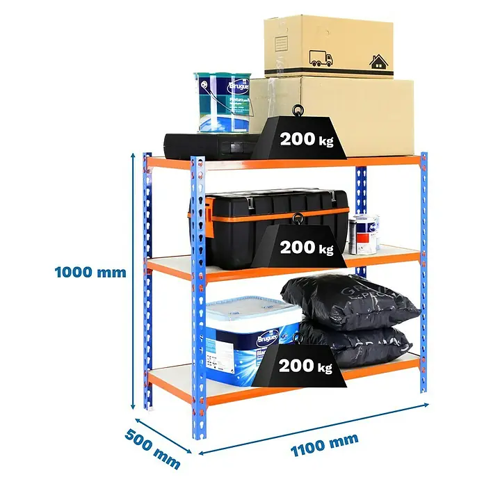 Simonrack Maderclick Metallregal Maderclick SuperPlus - H x B x T: 100 x 110 x 50 cm, Traglast pro Boden: 200 kg, Anzahl Böden: 3 Stk., Stecken, Blau/Orange - Abbildung eines Schwerlastregals mit drei Ebenen, gefüllt mit Farbeimern, Werkzeugkasten und Kartons, jeweils mit Gewichten von 200 kg.