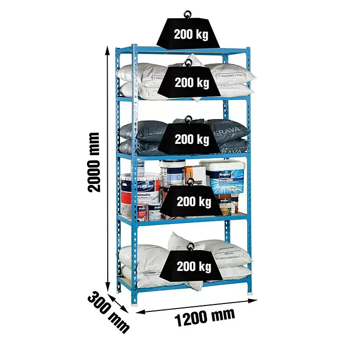 Simonrack Maderclick Estantería metálica Megaplus - Al x An x Pr: 200 x 120 x 30 cm, Capacidad de carga por balda: 200 kg, Número de baldas: 5 ud., Inserción, Azul/Madera - Estantería metálica azul, 2000x1200x300mm, con 5 estantes de 200kg cada uno, cargada con sacos y botes de pintura.