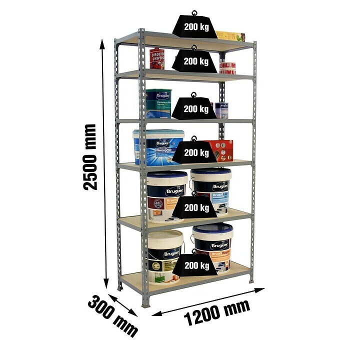Simonrack Maderclick Estantería metálica Megaplus (Al x An x Pr: 250 x 120 x 30 cm, Capacidad de carga por balda: 200 kg, Número de baldas: 6 ud., Inserción, Gris) | BAUHAUS