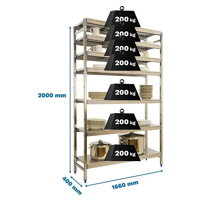 Simonrack Simoninox Metallregal Grundelement - H x B x T: 200 x 166 x 40 cm, Traglast pro Boden: 200 kg, Anzahl Böden: 7 Stk., Stecken, Material Boden: Edelstahl - Abbildung eines Schwerlastregals aus Metall, das mit Gewichten und Küchenutensilien beladen ist. Mit Maßangaben zu Höhe, Breite und Tiefe.