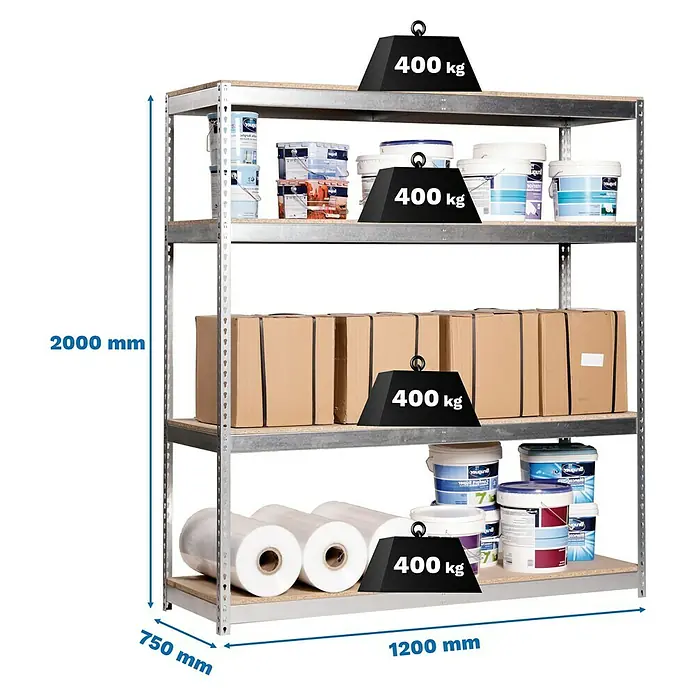 Simonrack Simontaller Schwerlastregal Ecoforte Chipboard - H x B x T: 200 x 120 x 75 cm, Traglast pro Boden: 400 kg, Anzahl Böden: 4 Stk., Stecken, Silber - Bild eines robusten Metallregals mit vier Ebenen, das mit verschiedenen Gegenständen und Gewichten bis 400 kg belastet ist.