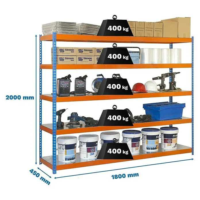 Simonrack Ecoforte Metallregal Ecoforte Metall - H x B x T: 200 x 180 x 45 cm, Traglast pro Boden: 400 kg, Anzahl Böden: 5 Stk., Stecken, Blau/Orange - Ein stabiles Schwerlastregal mit fünf Ebenen, voll beladen mit Werkzeugen, Farben und Gewichten zur Demonstration der Tragfähigkeit.