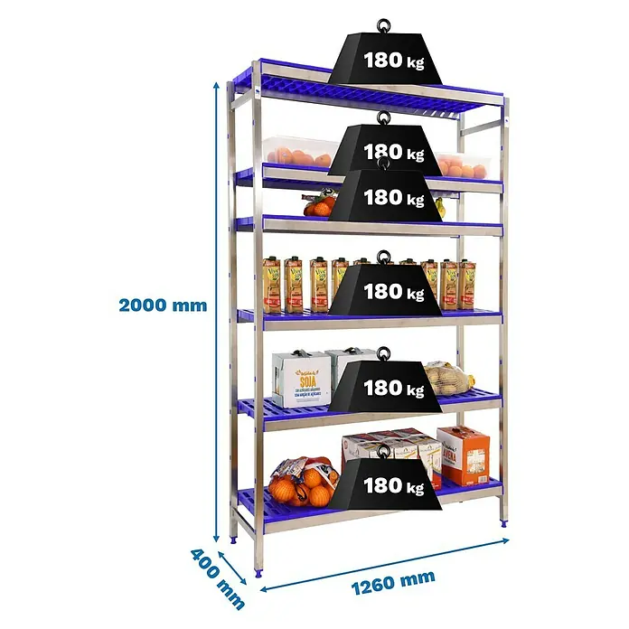 Simonrack Simoninox Metallregal Grundelement - H x B x T: 200 x 126 x 40 cm, Traglast pro Boden: 180 kg, Anzahl Böden: 6 Stk., Stecken, Material Boden: Kunststoff - Abbildung eines Schwerlastregals mit fünf Ebenen und den Maßen 2000 mm Höhe, 400 mm Tiefe und 1260 mm Breite, wobei jede Ebene mit 180 kg belastet ist.