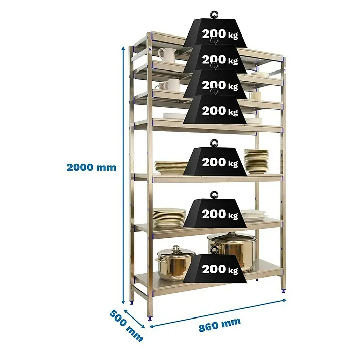 Simonrack Simoninox Metallregal Grundelement - H x B x T: 200 x 86 x 50 cm, Traglast pro Boden: 200 kg, Anzahl Böden: 7 Stk., Stecken, Material Boden: Edelstahl - Bild eines Schwerlastregals aus Edelstahl mit sechs Ebenen, das mit Gewichten von je 200 kg belastet ist und die Tragfähigkeit demonstriert.