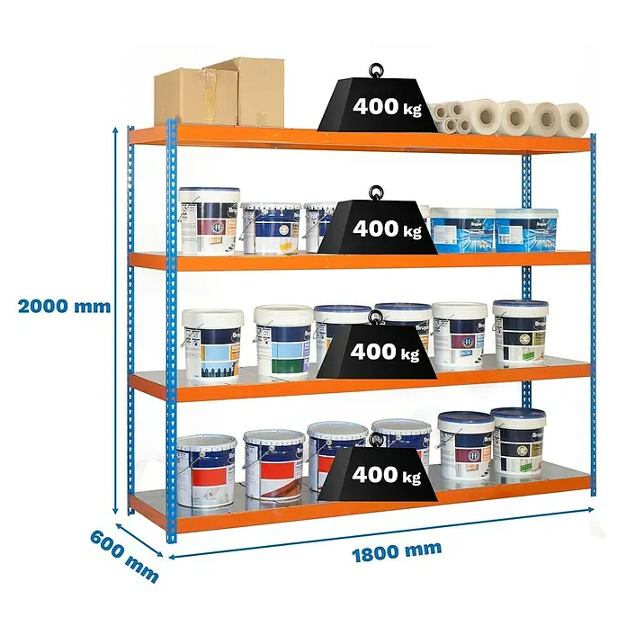 Simonrack Ecoforte Metallregal Ecoforte Metall - H x B x T: 200 x 180 x 60 cm, Traglast pro Boden: 400 kg, Anzahl Böden: 4 Stk., Stecken, Blau/Orange - Regal mit vier Ebenen, orangefarbenen Böden und blauen Metallstützen, beladen mit Farbeimern und Kartons. Belastungsgewicht pro Ebene 400 kg.