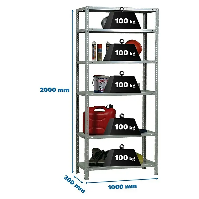 Simonrack Simonclassic Metallregal Comfort Plus - H x B x T: 200 x 100 x 30 cm, Traglast pro Boden: 100 kg, Anzahl Böden: 6 Stk., Schrauben, Silber - Abbildung eines robusten Metallregals mit fünf Ebenen, jede belastbar mit 100 kg, ideal für Lagerung.