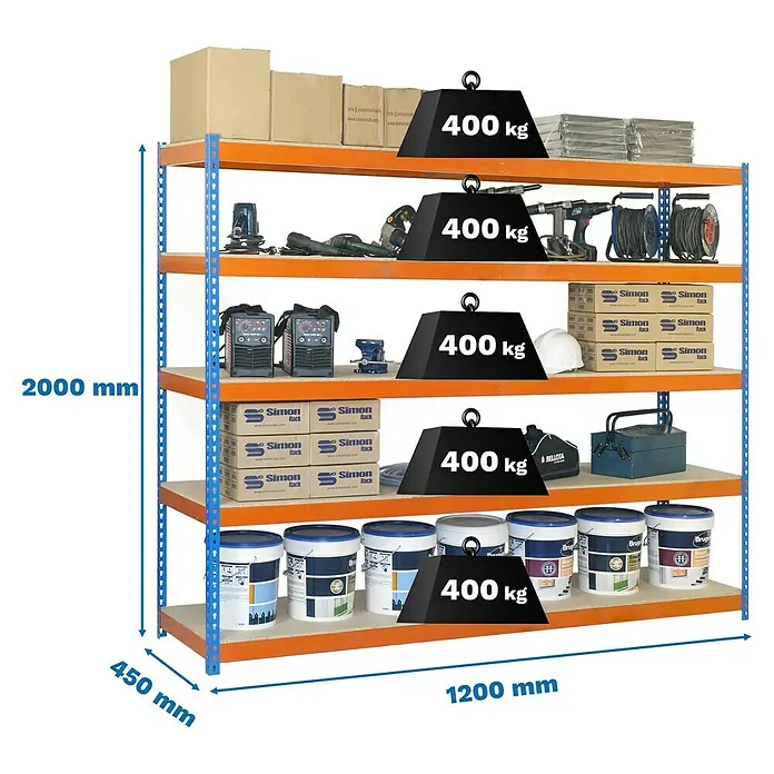 Simonrack Ecoforte Schwerlastregal Chipboard - H x B x T: 200 x 120 x 45 cm, Traglast pro Boden: 400 kg, Anzahl Böden: 5 Stk., Stecken, Blau/Orange - Regal mit fünf Ebenen, beladen mit verschiedenen Gegenständen und Gewichten, Gesamtmaße 2000x1200x450 mm.
