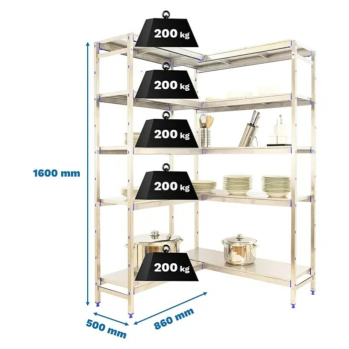 Simonrack Simoninox Abschlussregal - H x B x T: 160 x 86 x 50 cm, Traglast pro Boden: 200 kg, Anzahl Böden: 5 Stk., Stecken, Material Boden: Metall - Abbildung eines robusten Edelstahlregals mit fünf Ebenen und Gewichtsangaben zur Veranschaulichung der Belastbarkeit.