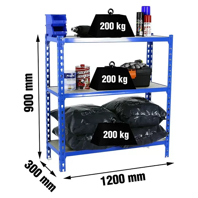 Simonrack Maderclick Estantería metálica Megaplus - Al x An x Pr: 90 x 120 x 30 cm, Capacidad de carga por balda: 200 kg, Número de baldas: 3 ud., Inserción, Azul/Madera - Estantería metálica azul con 3 baldas, cada una soporta 200 kg. Dimensiones: 900x1200x300mm.