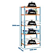 Simonrack Maderclick Estantería metálica Megaplus (Al x An x Pr: 200 x 120 x 30 cm, Capacidad de carga por balda: 200 kg, Número de baldas: 5 ud., Inserción, Azul/Naranja/Madera) | BAUHAUS