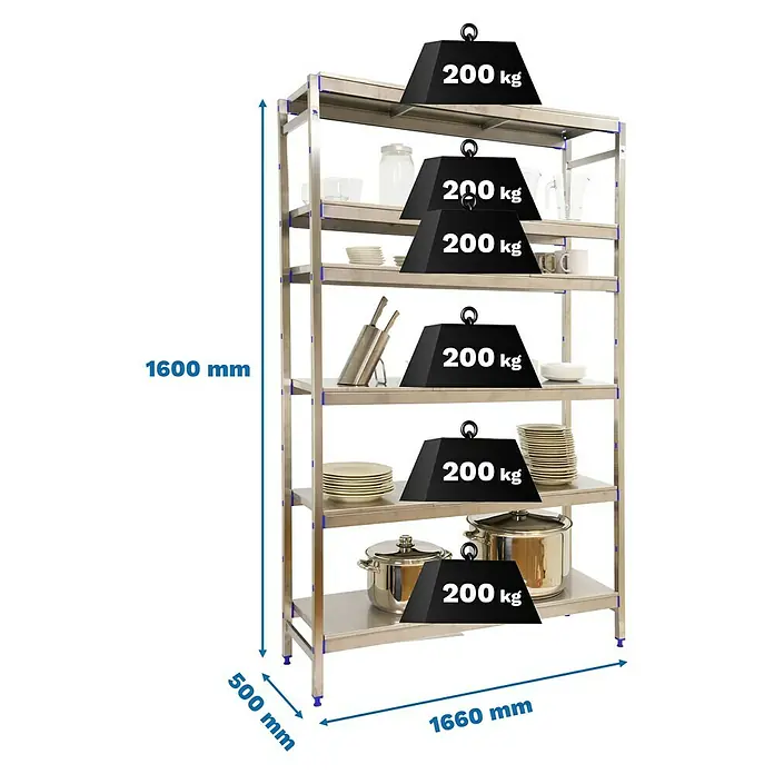 Simonrack Simoninox Metallregal Grundelement - H x B x T: 160 x 166 x 50 cm, Traglast pro Boden: 200 kg, Anzahl Böden: 6 Stk., Stecken, Material Boden: Edelstahl - Ein robustes, silbernes Metallregal mit sechs Ablagen, beladen mit Geschirr und Töpfen, das ein Gewicht von 200 kg pro Ebene tragen kann.