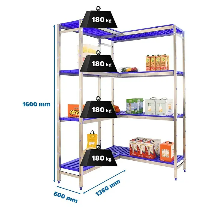 Simonrack Simoninox Abschlussregal - H x B x T: 160 x 136 x 50 cm, Traglast pro Boden: 180 kg, Anzahl Böden: 4 Stk., Stecken, Material Boden: Kunststoff - Abbildung eines blauen Regalsystems mit Gewichtsangaben.