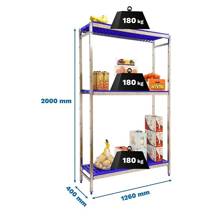 Simonrack Simoninox Metallregal Grundelement (H x B x T: 200 x 126 x 40 cm, Traglast pro Boden: 180 kg, Anzahl Böden: 3 Stk., Stecken, Material Boden: Kunststoff) | BAUHAUS