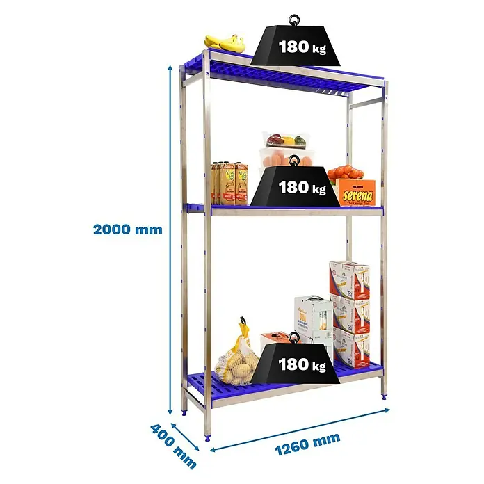Simonrack Simoninox Metallregal Grundelement - H x B x T: 200 x 126 x 40 cm, Traglast pro Boden: 180 kg, Anzahl Böden: 3 Stk., Stecken, Material Boden: Kunststoff - Produktfoto eines robusten Lagerregals aus Edelstahl mit blauen Kunststoffböden und Maßangaben für Höhe, Breite und Tiefe.