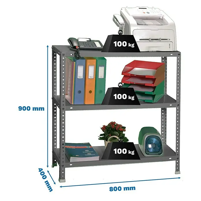 Simonrack Simonclassic Metallregal Comfort Mini - H x B x T: 90 x 80 x 40 cm, Traglast pro Boden: 100 kg, Anzahl Böden: 3 Stk., Schrauben, Grau - Metallregal mit drei Ebenen, belastbar mit je 100 kg pro Ebene. Ideal für Büro oder Lager.