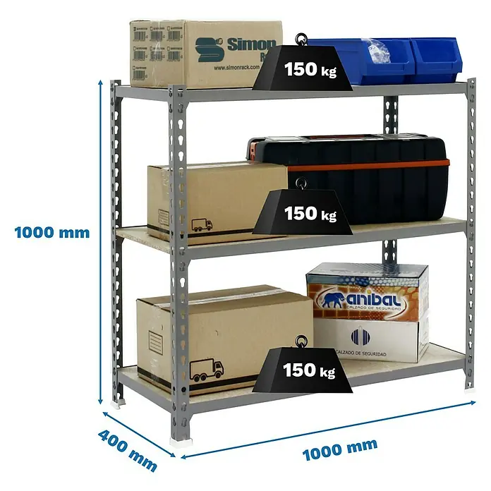 Simonrack Maderclick Metallregal Maderclick Plus - H x B x T: 100 x 100 x 40 cm, Traglast pro Boden: 150 kg, Anzahl Böden: 3 Stk., Stecken, Grau - Regal mit drei Ebenen, beladen mit Kartons und Boxen, mit Gewichtsangabe.