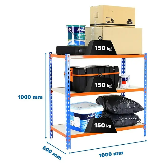 Simonrack Maderclick Metallregal Maderclick Plus - H x B x T: 100 x 100 x 50 cm, Traglast pro Boden: 150 kg, Anzahl Böden: 3 Stk., Stecken, Blau/Orange - Aufnahme eines Regals mit drei Ablagen, beladen mit verschiedenen Gegenständen und Gewichten, die die Tragfähigkeit demonstrieren.