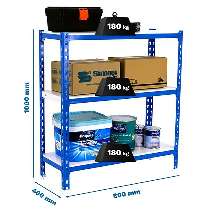 Simonrack Simonclick Metallregal Simonclick Mini - H x B x T: 100 x 80 x 40 cm, Traglast pro Boden: 180 kg, Anzahl Böden: 3 Stk., Stecken, Blau/Weiß - Belastbares Regal mit drei Ebenen, ideal für Werkstatt oder Lager, mit Gewichtsangabe der maximalen Zuladung.