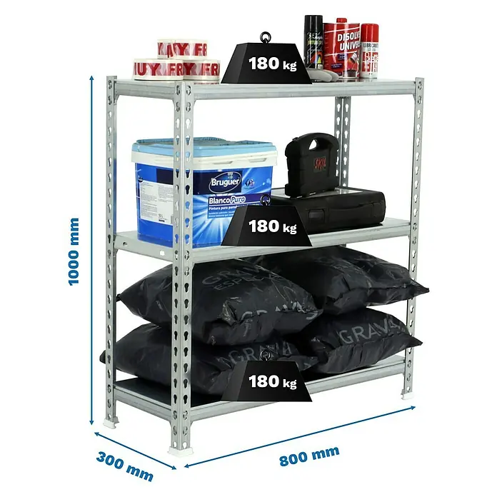 Simonrack Simonclick Metallregal Simonclick Mini - H x B x T: 100 x 80 x 30 cm, Traglast pro Boden: 180 kg, Anzahl Böden: 3 Stk., Stecken, Silber/Silber - Abbildung eines robusten Regalsystems mit drei Ebenen, belastet mit Farben, Werkzeugen und Sandsäcken, jeweils bis zu 180 kg.