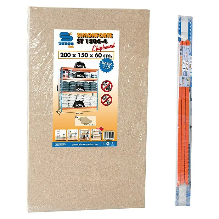 Simonrack Simonforte Schwerlastregal Simonforte Chipboard - H x B x T: 200 x 180 x 60 cm, Traglast pro Boden: 600 kg, Anzahl Böden: 3 Stk., Stecken, Silber - Eine Simonforte ST 1506-4 Spanplatte, ideal für die Lagerung mit einer Größe von 200 x 150 x 60 cm.