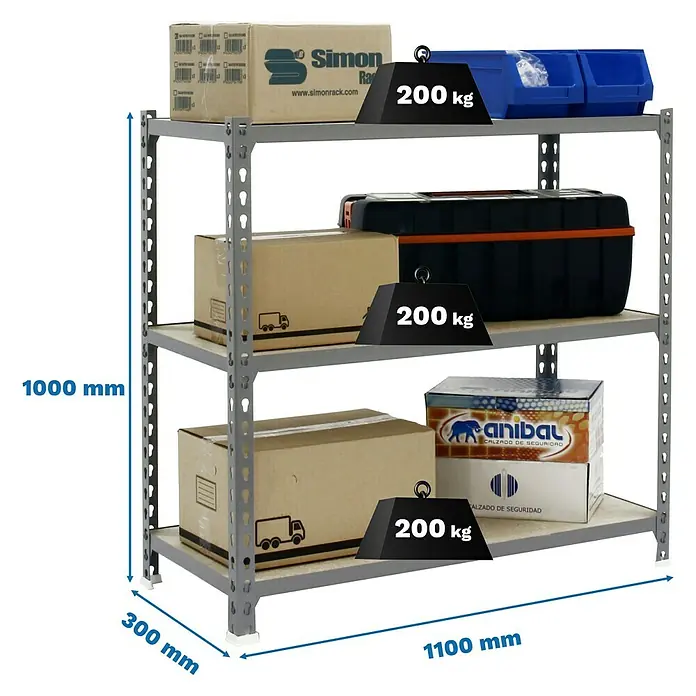 Simonrack Maderclick Metallregal Maderclick SuperPlus - H x B x T: 100 x 110 x 30 cm, Traglast pro Boden: 200 kg, Anzahl Böden: 3 Stk., Stecken, Grau - Abbildung eines beladenen, grauen Metallregals mit drei Ebenen, das die Tragfähigkeit von 200 kg pro Ebene demonstriert und seine Abmessungen zeigt.