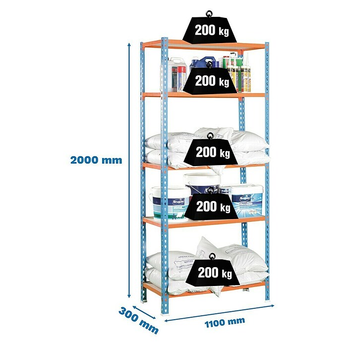 Simonrack Maderclick Estantería metálica Superplus (Al x An x Pr: 200 x 110 x 30 cm, Capacidad de carga por balda: 200 kg, Número de baldas: 5 ud., Inserción, Azul/Naranja/Madera) | BAUHAUS