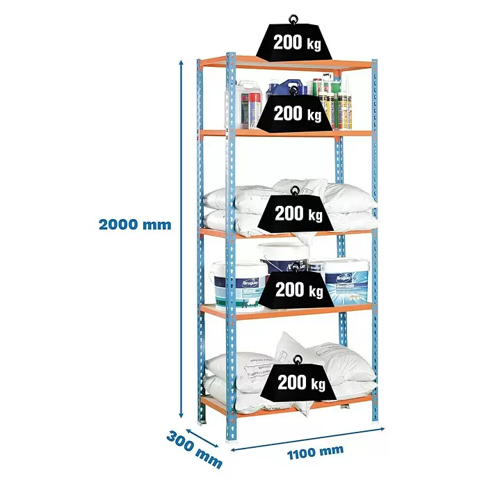 Simonrack Maderclick Estantería metálica Superplus - Al x An x Pr: 200 x 110 x 30 cm, Capacidad de carga por balda: 200 kg, Número de baldas: 5 ud., Inserción, Azul/Naranja/Madera - Estantería metálica azul y naranja de cinco baldas, muestra capacidad de carga de 200 kg por balda y dimensiones.