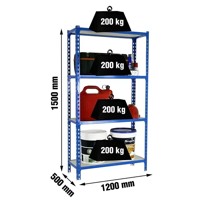 Simonrack Maderclick Estantería metálica Megaplus - Al x An x Pr: 150 x 120 x 50 cm, Capacidad de carga por balda: 200 kg, Número de baldas: 4 ud., Inserción, Azul - Estantería metálica azul con 4 baldas, 1500x1200x500mm, cada balda soporta 200 kg.