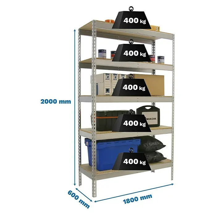 Simonrack Simontaller Schwerlastregal Ecoforte Chipboard - H x B x T: 200 x 180 x 60 cm, Traglast pro Boden: 400 kg, Anzahl Böden: 5 Stk., Stecken, Silber - Abbildung eines Metallregals mit fünf Ebenen, das jeweils mit bis zu 400 kg belastet werden kann, mit den Maßen 2000 mm Höhe, 600 mm Tiefe und 1800 mm Breite.