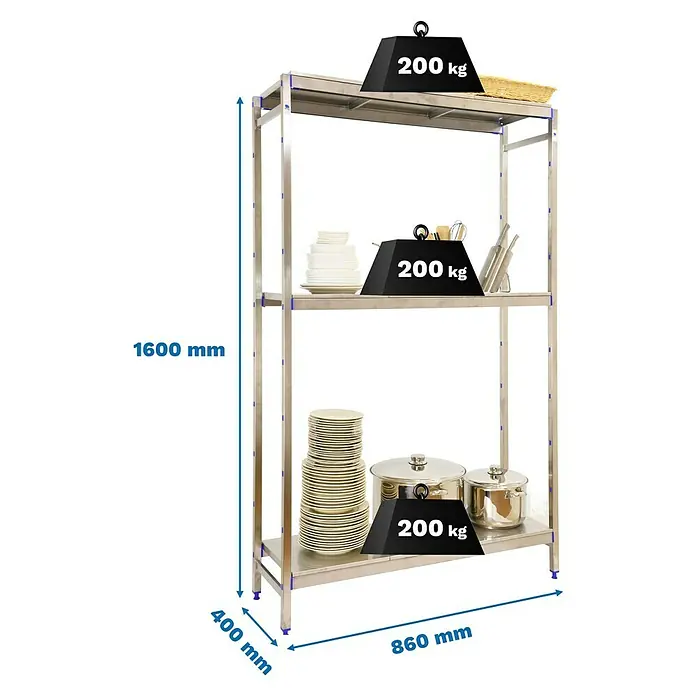 Simonrack Simoninox Metallregal Grundelement - H x B x T: 160 x 86 x 40 cm, Traglast pro Boden: 200 kg, Anzahl Böden: 3 Stk., Stecken, Material Boden: Edelstahl - Regal aus Edelstahl mit drei Ebenen, ideal für Gastronomie, mit Gewichtsangaben und Abmessungen.