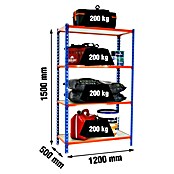 Simonrack Maderclick Estantería metálica Megaplus (Al x An x Pr: 150 x 120 x 50 cm, Capacidad de carga por balda: 200 kg, Número de baldas: 4 ud., Inserción, Azul/Naranja/Madera) | BAUHAUS