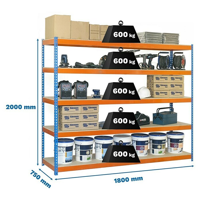 Simonrack Simontaller Schwerlastregal Simonforte Chipboard (H x B x T: 200 x 180 x 75 cm, Traglast pro Boden: 600 kg, Anzahl Böden: 5 Stk., Stecken, Blau/Orange) | BAUHAUS