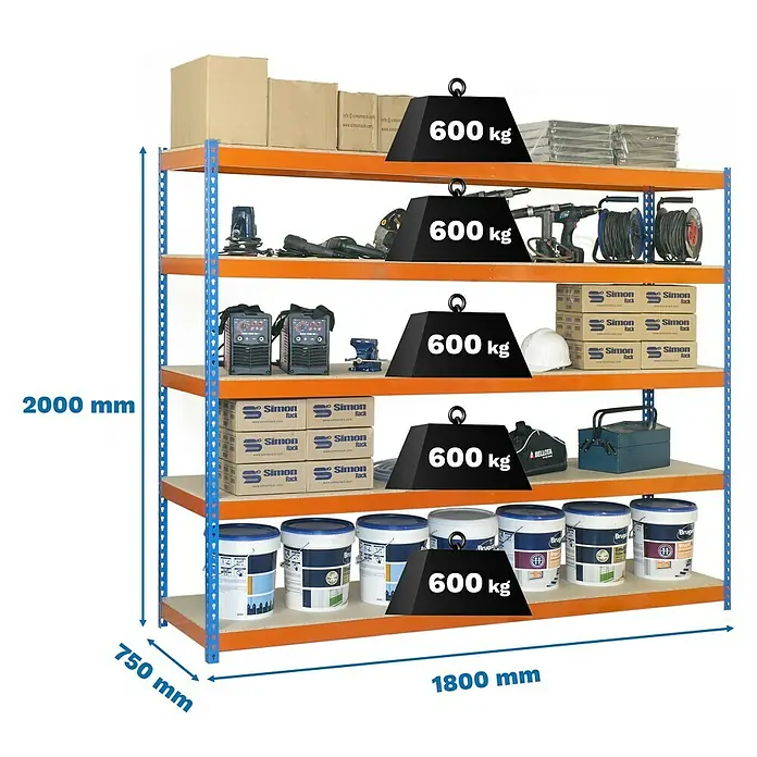 Simonrack Simonforte Schwerlastregal Simonforte Chipboard - H x B x T: 200 x 180 x 75 cm, Traglast pro Boden: 600 kg, Anzahl Böden: 5 Stk., Stecken, Blau/Orange - Produktbild eines stabilen Lagerregals mit mehreren Ebenen, belastbar bis zu 600 kg pro Ebene, ideal für Werkstatt oder Lager.