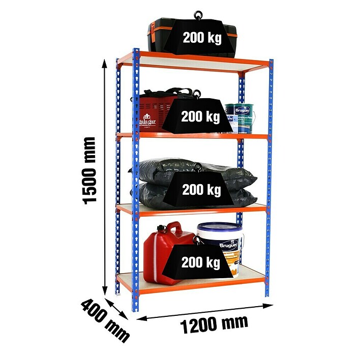 Simonrack Maderclick Estantería metálica Megaplus (Al x An x Pr: 150 x 120 x 40 cm, Capacidad de carga por balda: 200 kg, Número de baldas: 4 ud., Inserción, Azul/Naranja/Madera) | BAUHAUS