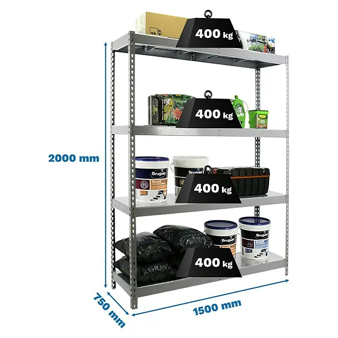 Simonrack Simontaller Schwerlastregal Ecoforte Metall - H x B x T: 200 x 150 x 75 cm, Traglast pro Boden: 400 kg, Anzahl Böden: 4 Stk., Stecken, Silber - Silbernes Metallregal mit vier Ebenen, beladen mit verschiedenen Gegenständen und einer Gewichtsbeschränkung von 400 kg pro Ebene.