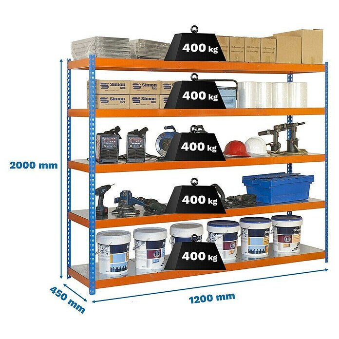 Simonrack Simontaller Metallregal Ecoforte Metall (H x B x T: 200 x 120 x 45 cm, Traglast pro Boden: 400 kg, Anzahl Böden: 5 Stk., Stecken, Blau/Orange) | BAUHAUS