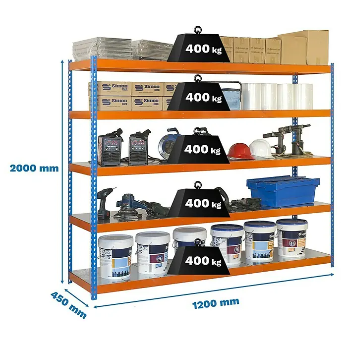 Simonrack Ecoforte Metallregal Ecoforte Metall - H x B x T: 200 x 120 x 45 cm, Traglast pro Boden: 400 kg, Anzahl Böden: 5 Stk., Stecken, Blau/Orange - Ein robustes Schwerlastregal mit fünf Ebenen, voll beladen mit Werkzeugen, Behältern und Gewichten zur Demonstration der Tragfähigkeit.