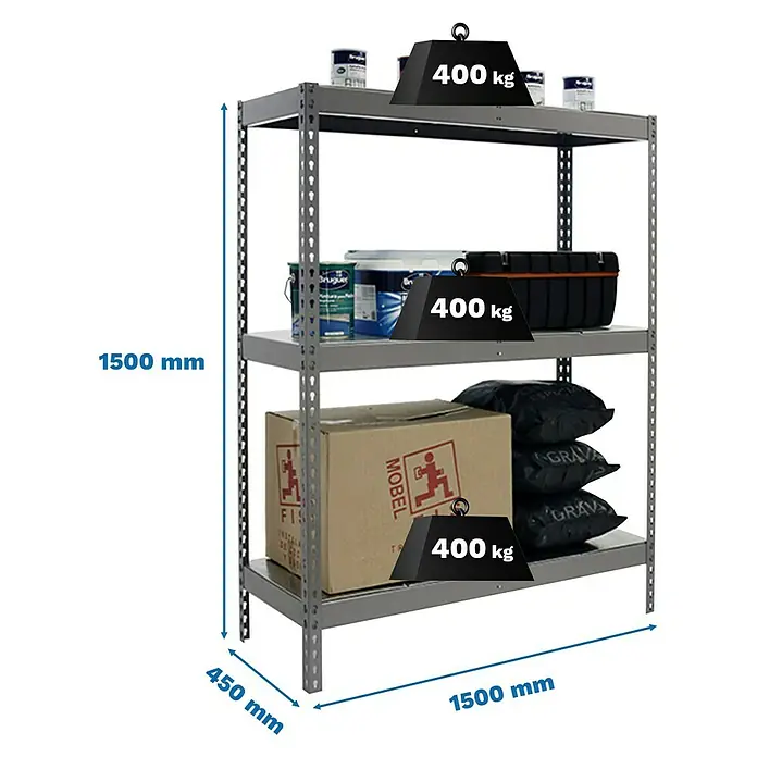 Simonrack Ecoforte Metallregal Ecoforte Metall - H x B x T: 150 x 150 x 45 cm, Traglast pro Boden: 400 kg, Anzahl Böden: 3 Stk., Stecken, Grau - Regal mit drei Ebenen, beladen mit Farbeimern, Werkzeugkiste, Karton und Säcken. Die Gesamtmaße des Regals betragen 1500x450x1500 mm.