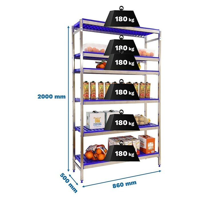 Simonrack Simoninox Metallregal Grundelement (H x B x T: 200 x 86 x 50 cm, Traglast pro Boden: 180 kg, Anzahl Böden: 6 Stk., Stecken, Material Boden: Kunststoff) | BAUHAUS